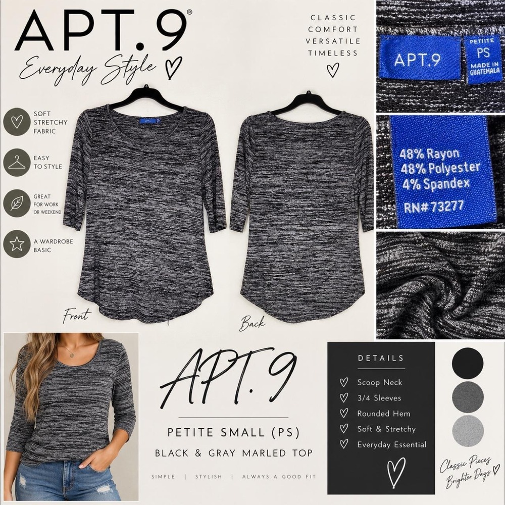 Apt. 9 Petite PS Black Gray Marled Scoop Neck 3/4 Sleeve Top Rounded Hem